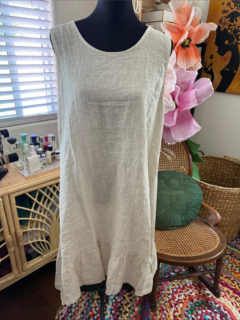 NWT Terzo Millennio Natural Linen Back Tie Ruffle Hem Hamptons Resort Dress